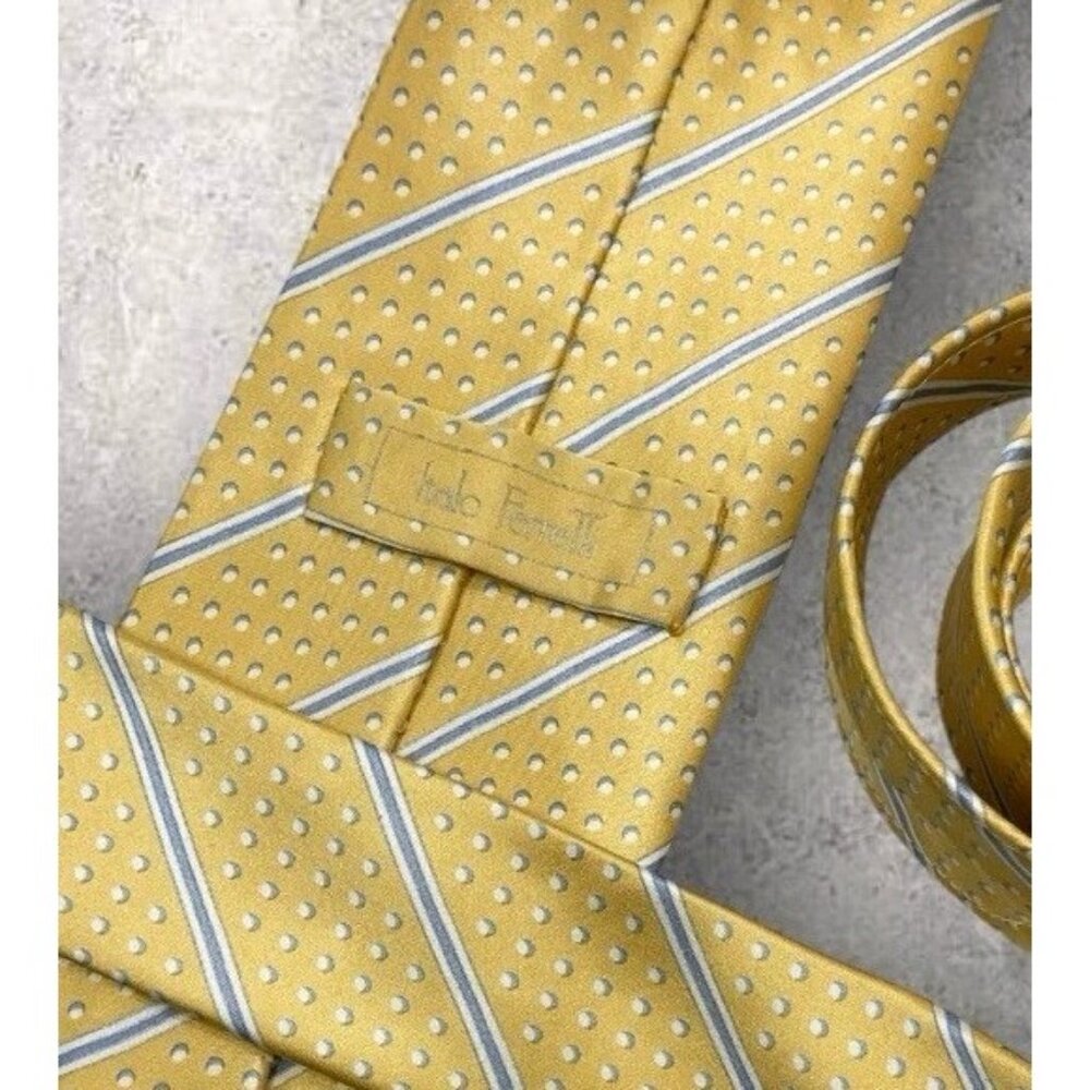 ITALO FERRETTI Silk Tie ITALY XL Gold Blue Striped W:3.5" - Picture 2 of 6